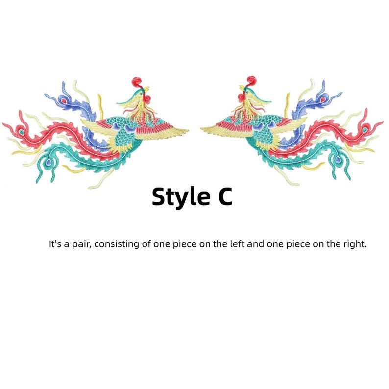 Puede incluir: Parche de f&eacute;nix bordado estilo C. Cada parche presenta un dise&ntilde;o colorido con detalles en rojo, azul, amarillo y verde. El texto "Style C" est&aacute; debajo, con una descripci&oacute;n.