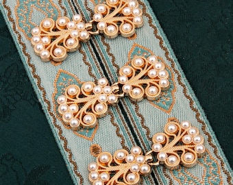 Ornate Alloy Pearl Matched Frog Buttons, Luxe Fasteners for Traditional Formal Wear(1pcs/pack)