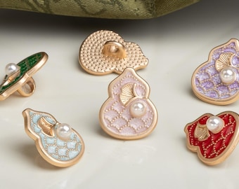 Chinese Gourd Auspicious Enamel Buttons(12x15mm, 5pcs/pack) - Zinc Alloy with Pearl Accent