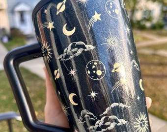 Celestial Glitter Handle Tumbler: Custom Moon & Stars Design Epoxy-Free HydroJug, Stanley, Brumate, Owala