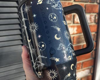 Celestial Glitter Tumbler: Custom Stars & Moon Design Epoxy-Free HydroJug, Stanley, Brumate