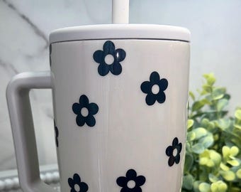 Floral Tumbler: Cream & Black Custom Epoxy-Free Stanley, Brumate, HydroJug