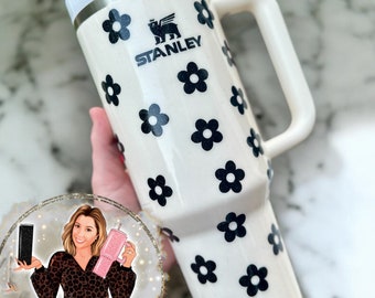 Floral Tumbler: Cream & Black Flower Design Custom Epoxy-Free HydroJug, Stanley, Brumate