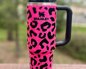Ready to Ship Electric Pink & Black Neon Leopard Handle Tumbler l Glitter 30 oz Tumbler l Stanley Quencher