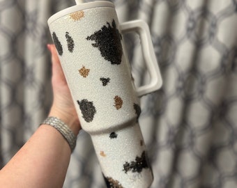 Cow Print Handle Tumbler l Glitter 40 oz Tumbler l Simple Modern Trek Style Cup l Custom Personalized Water Drinkwater