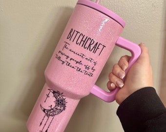 Bitchcraft Pinkish Purple Handle Tumbler l Glitter 40 oz Tumbler l Simple Modern Trek Style Cup l Custom Personalized Water Drinkwater