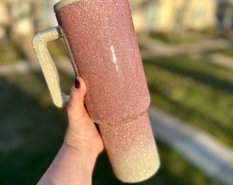 Ready to Ship Ombré Rose Gold Pink & Champagne Handle Tumbler l Glitter 40 oz Tumbler l Simple Modern Trek Cup