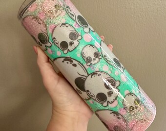 Pink Aqua Skulls Girly Stainless Steel Tumbler l 20 oz Skinny Custom Glitter Tumbler l Personalized Cup