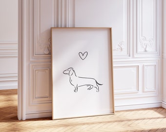 Poster teckel imprimable - dessin au trait teckel - poster chien saucisse - poster amour teckel - décoration murale chien personne - poster maman teckel