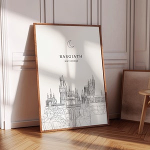 Op de afbeelding: Een zwart-witte lijntekening van een kasteel met de tekst "BASGIATH war college" en een halve maan boven de tekst.