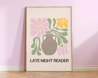 Booktok Late Night Reader Flower Print Book Tropes Print Preppy Colorful Poster Inspirational Home Decor Minimalist Aesthetic Wall Art