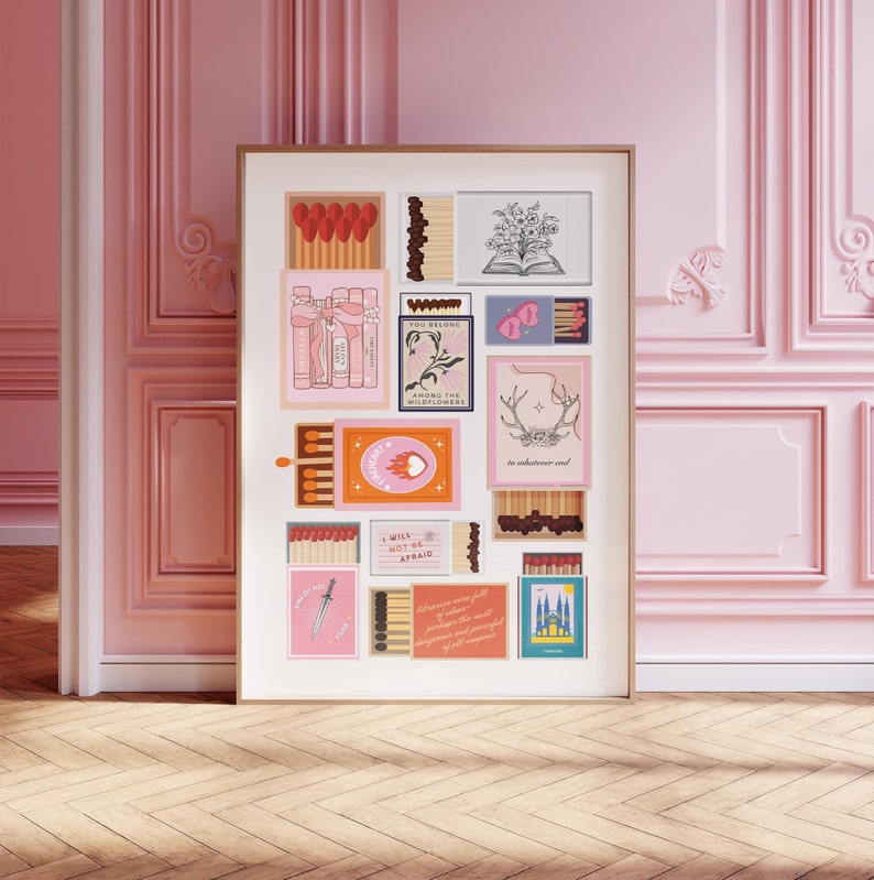 May include: A framed print with a collage of matchboxes featuring various illustrations and text. The matchboxes are arranged in a grid pattern and include phrases like "You Belong Among the Wildflowers", "I Will Not Be Afraid", and "To whatever end".