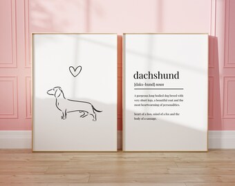 Teckel définition typographie affiche impression lot de 2, art mural décoration chien, signification de la race de chien, chien de saucisse, chien saucisse imprimable numérique