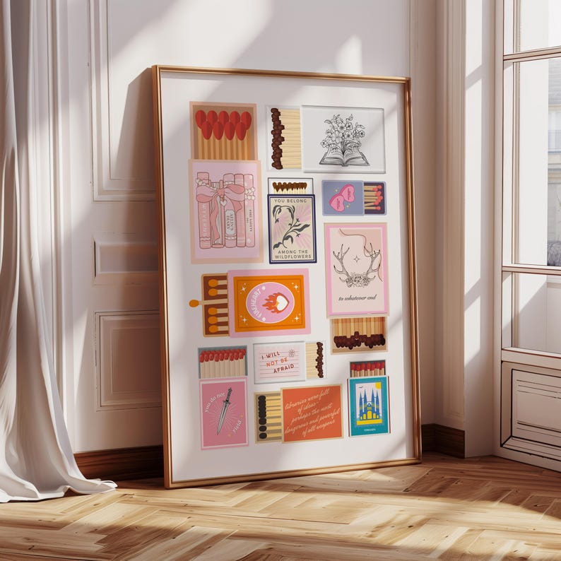 May include: A collage of matchbox labels with various illustrations and text. The labels feature a variety of designs, including flowers, a heart with flames, a deer, a sword, and a book. The text on the labels includes phrases like "You belong among the wildflowers", "I will not be afraid", and "An adventurer and a collector of soul".