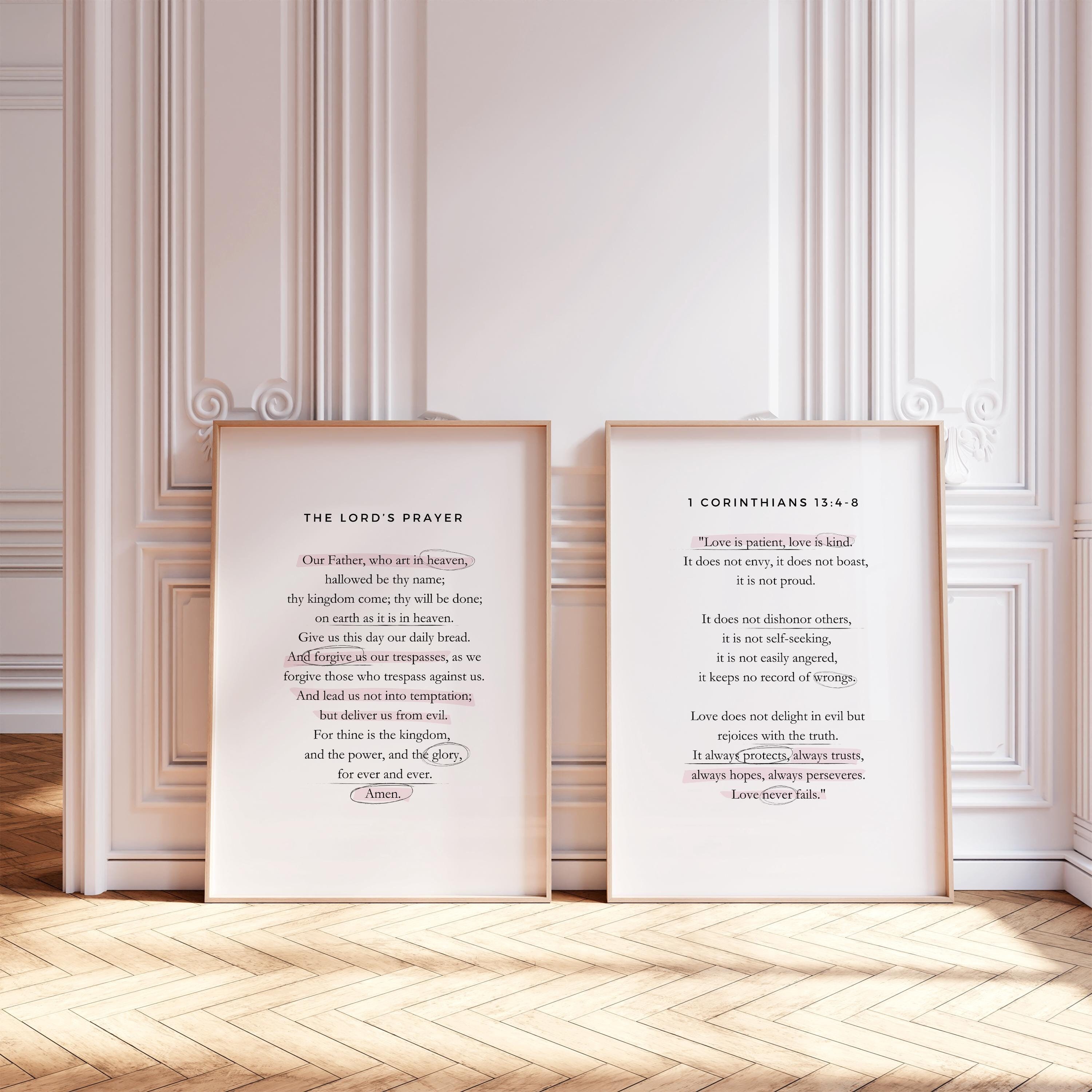 The Lord's Prayer 1 Corinthians 13 4-8 Bible Set of Two Minimal Christian Prints Christian Girly Wall Art, Modern Valentines Day Gift Print