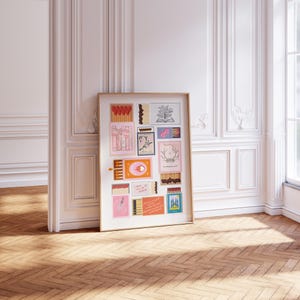 May include: A framed collage of matchbox labels with various illustrations and text. The labels feature a variety of colors, including pink, orange, blue, and green. The text on the labels includes phrases like "I will go to the ends of the earth for you" and "The world is a book and those who do not travel read only one page".