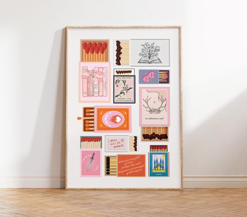May include: A collection of matchboxes with various designs and quotes. The matchboxes feature illustrations of flowers, a heart, a deer, a book, and a castle. The quotes include "You Belong Among the Wildflowers", "I Will Not Be Afraid", and "To Whatever End".