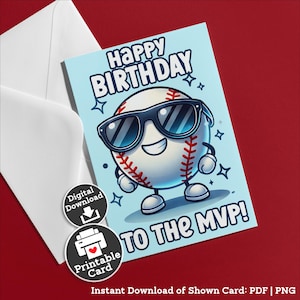Carte d'anniversaire de baseball imprimable pour entraîneur de baseball, cadeau d'anniversaire pour adolescent, jouer au ballon home run, carte de fille, athlète, téléchargement immédiat png thumbnail