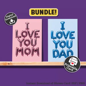 Tarjeta imprimible para el Día de la Madre, paquete para el Día del Padre, regalos para mamá y papá, globo, tarjeta de cumpleaños "Te amo", descarga instantánea, precio asequible de último minuto.