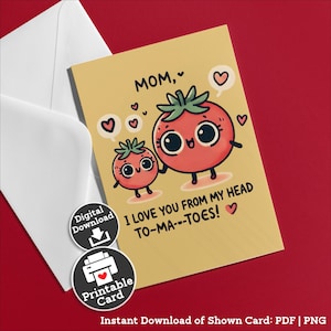 Tarjeta imprimible para el Día de la Madre con tema de jardinería, de un niño para una mamá jardinera. Tarjeta de cumpleaños para un niño para una mamá chef. Cocinera, ama los tomates. Descarga instantánea.