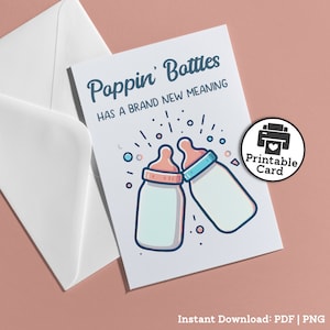 Cartão engraçado para impressão de chá de bebê, estourando garrafas tem um novo significado para uma festa humorística de revelação de gênero. Cartão engraçado para bebê, download instantâneo