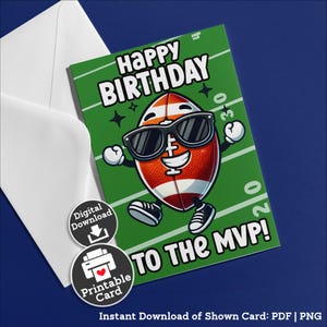 Cartão de aniversário de futebol americano para impressão para treinador de futebol, presente de aniversário para adolescente, cartão de quarterback MVP, menina atleta, download instantâneo