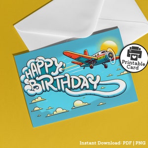 Tarjeta de cumpleaños de piloto imprimible con temática de avión para un amigo piloto, entusiasta de la aviación, regalo para fiesta de cumpleaños infantil, tarjeta de avión, descarga instantánea