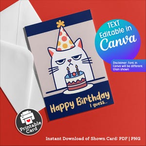 Carte d'anniversaire chaton à imprimer pour le propriétaire d'un chat qui aime les chats grincheux, cadeau à télécharger pour chat, fête d'anniversaire pour chat fou, dame, maman