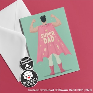 Cartão de Dia dos Pais para Imprimir da Filha, Presente para o Pai, Cartão de Super-herói, Cartão de Aniversário Rosa para Figura Paterna Forte, Download Instantâneo Acessível