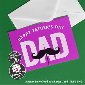 Carte de fête des pères imprimable pour fille, cadeau pour papa, moustache, carte pour grand-père, carte à télécharger, carte pour beau-père, rose, téléchargement abordable