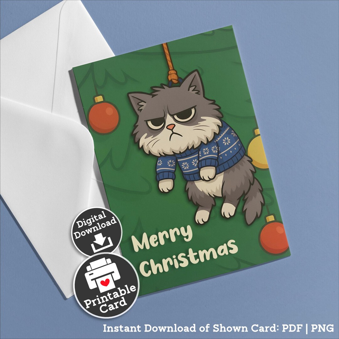 Printable Grumpy Cat Christmas Card Humor Pet Ornament Cat Dad Holiday ...