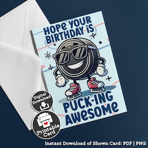Afdrukbare hockeyverjaardagskaart voor hockeycoach Verjaardagscadeau voor tiener die dol is op hockeypuck woordspeling kaart meisje atleet Instant Download png