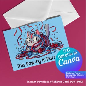 Tarjeta de cumpleaños imprimible con un gato divertido y divertido, un juego de palabras perfecto, un gato peculiar que juega con serpentinas de hilo, descarga instantánea, para amantes de los gatos, mamás, editable