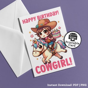 Druckbare Cowgirl Geburtstagskarte für Geburtstagskind Western-Thema Kawaii Cowgirl reiten ein Pferd Kuchen Wilder Westen Geburtstagskarte Sofortiger Download