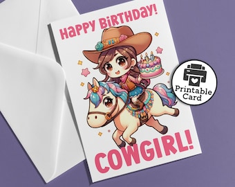 Printable Cowgirl Birthday Card For Birthday Girl Western Themed Kawaii Cowgirl Riding a Horse Cake Wild West Birthday Card Instant Download