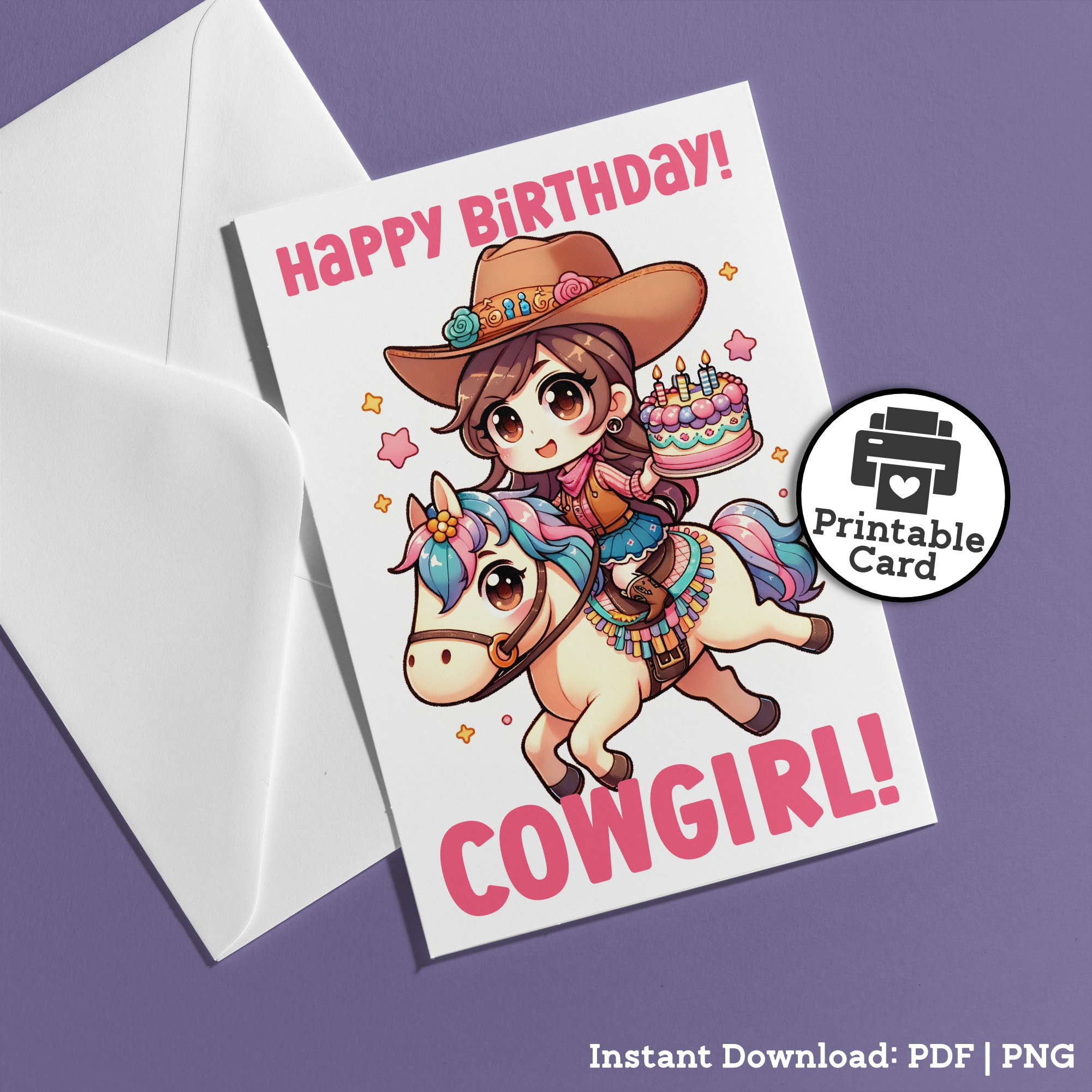 Printable Cowgirl Birthday Card for Birthday Girl Western Themed Kawaii ...