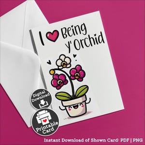 Biglietto d'auguri stampabile per la festa della mamma con orchidea, da stampare da un bambino per una mamma che ama le orchidee. Biglietto d'auguri per la mamma che ama un bambino, gioco di parole per il padre, download immediato.
