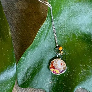 Broken China Necklace with Silver Colour Solder Frame and Floral Pattern