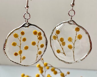 Minimalistic Pressed Yellow Mimosa Flower Resin Golden Drop Earrings