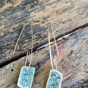 Handmade Broken China Dangling Earrings with Green Leaf Pattern