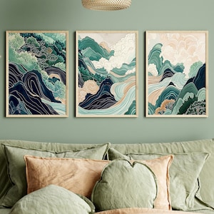 Set di 3 stampe giapponesi, stampe di poster asiatici, arte giapponese, poster Japandi, arte murale massimalista, arte moderna astratta, arte verde scuro