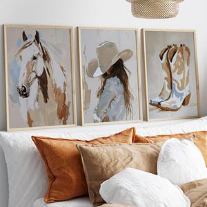 Western Wall Art Set of 3 - Coastal Cowgirl, Boot and Horse Prints in Blue & Beige, Cowgirl Aesthetic Decor, Printed Country Posters
