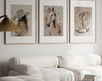 Conjunto de três peças de arte de parede em tons de marrom e bege com estampas costeiras do Oeste americano_459a