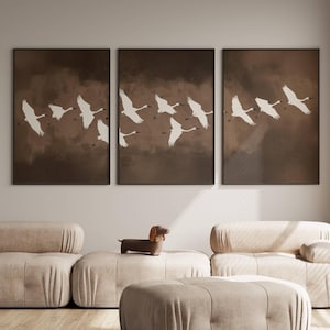 Triptych Japandi Wall Art Set – Dark Brown Crane Posters – Minimalist Nature Prints, Zen Bird Decor for Living Room or Bedroom