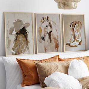 Western Wall Art Trio - Coastal Cowgirl, Boot and Horse Prints in Brown& Beige, Cowgirl Aesthetic Decor, Set of 3 Printed Southern Posters
