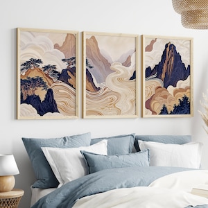 Set of 3 Japanese Posters, Japanese Art, Japanese Prints, Asian Poster Prints, Maximalist Wall Art, Abstract Modern Art, Beige Wall Art