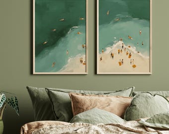 Green People On The Beach Diptych Prints, Set Of 2 Modern Coastal Wall Art_683a