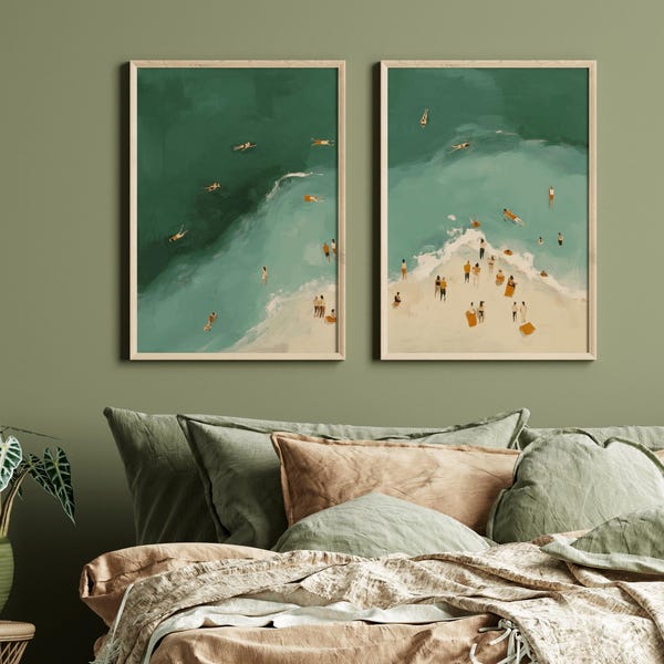 Green People On The Beach Diptych Prints, Set Of 2 Modern Coastal Wall Art_683a