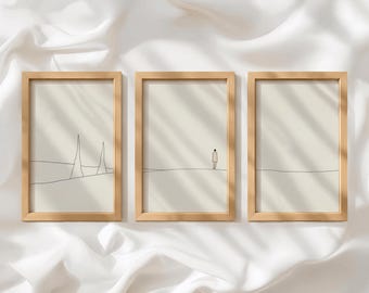 Abstract Line Art Triptych: Beige Brown Landscape Prints, Modern Minimalist Set_624a