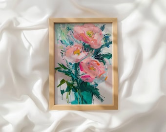 Pink Peony Floral Wall Art: Abstract Flower Painting Print, Colorful Botanical Decor, Modern Living Room Printable Art_023